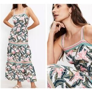 LOFT Linen Blend Tropical Floral Tiered Maxi Dress Size 6 Resort Vacation